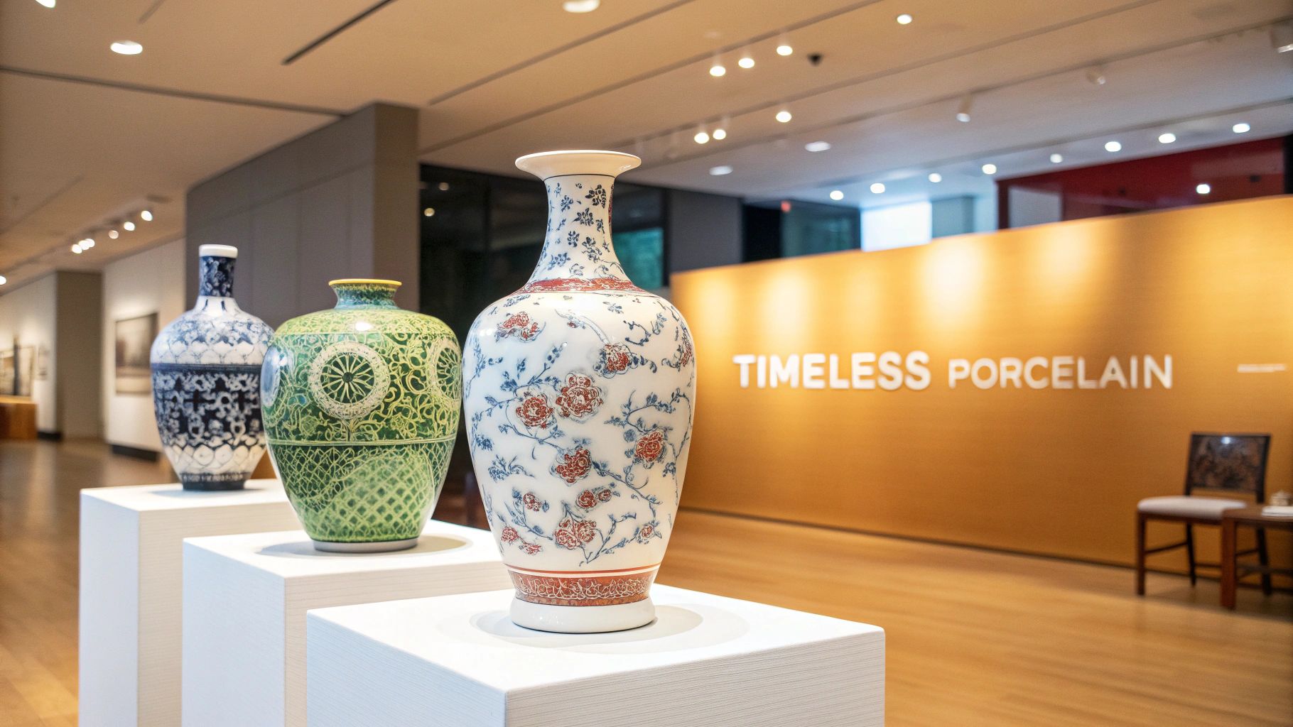 Three ornate antique Chinese porcelain vases displayed on white pedestals in a museum gallery.