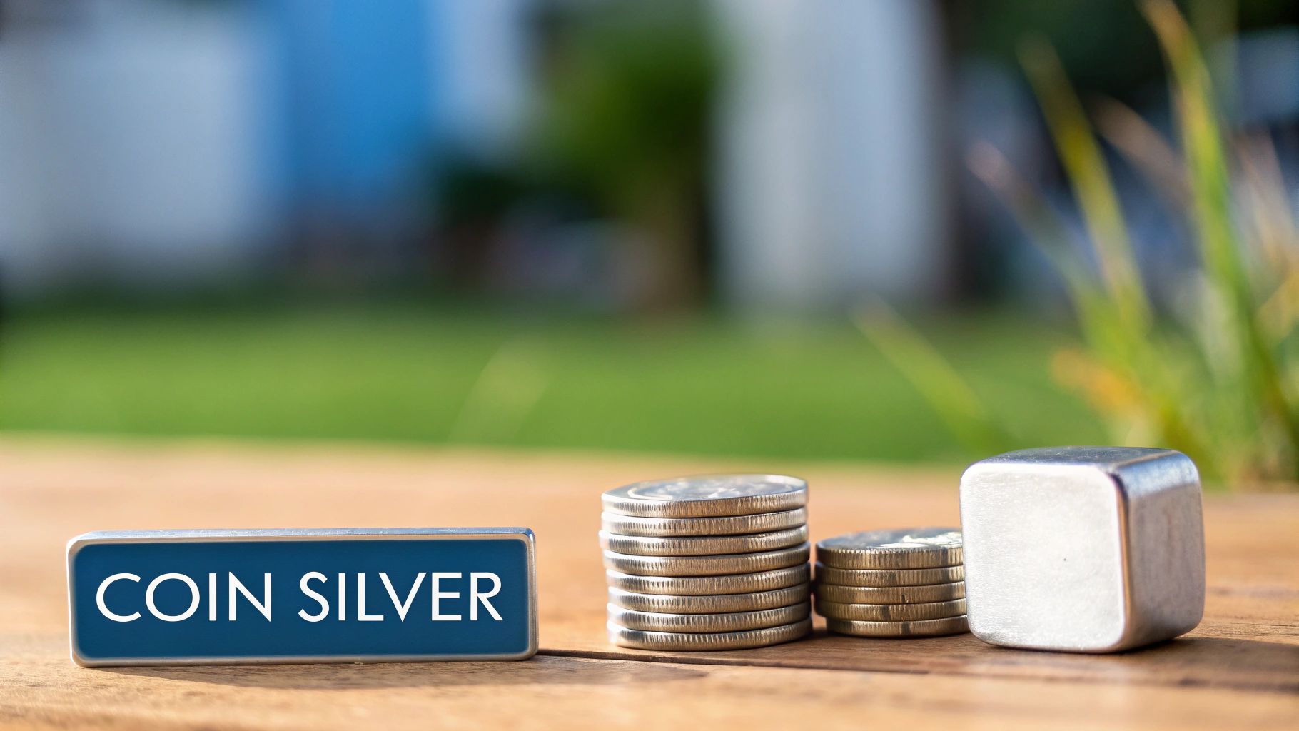A blue sign labeled 'COIN SILVER' sits on a wooden surface next to stacks of silver coins and a silver cube.