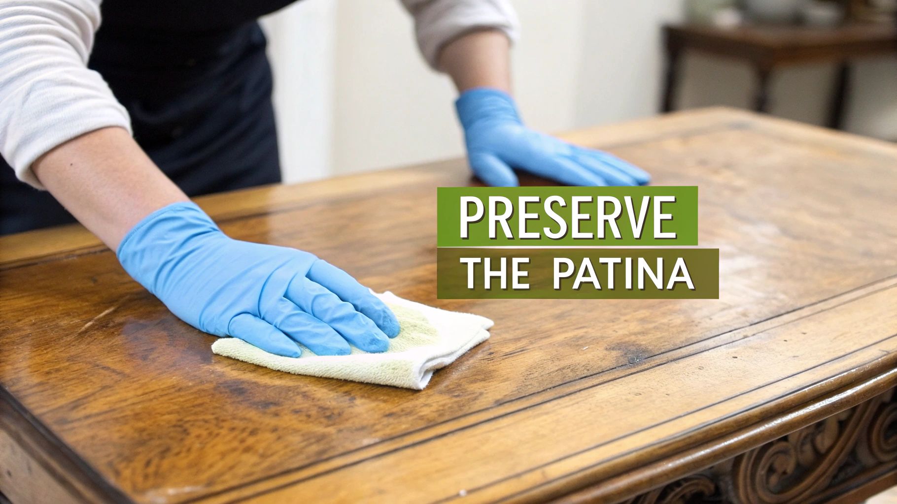 A person in blue gloves polishing an antique wooden table with a white cloth, preserving its patina.