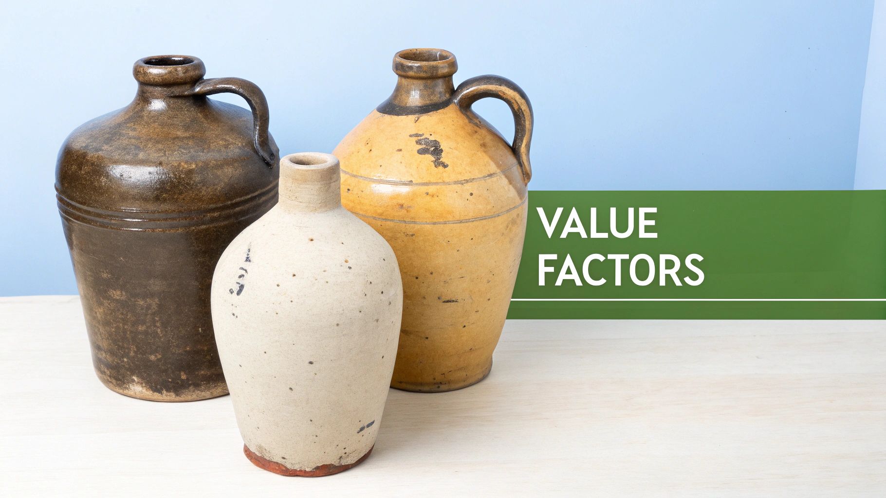 Three antique stoneware jugs of varying sizes and colors on a wooden surface with a blue wall backdrop and text 'VALUE FACTORS'.