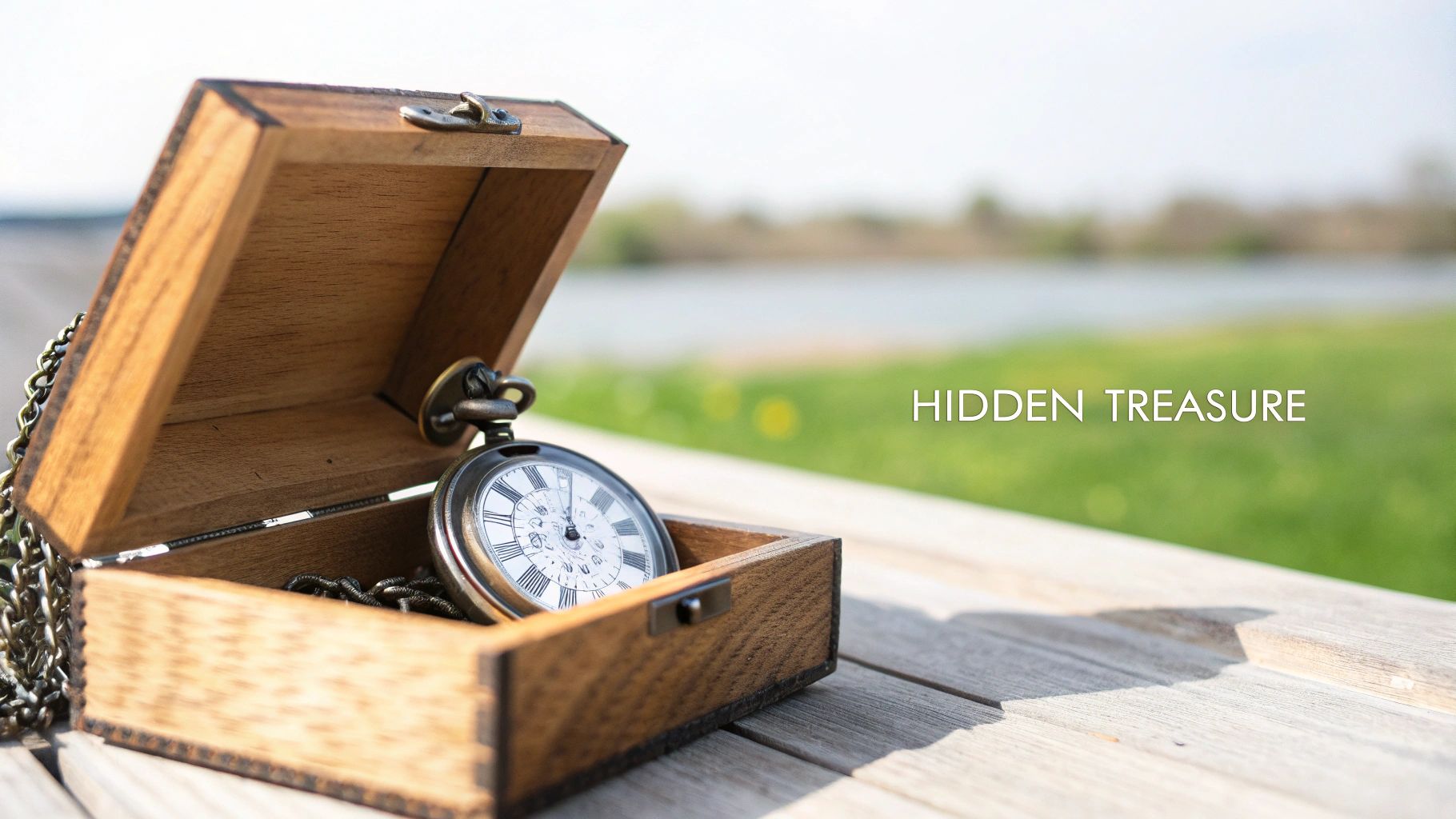 An open wooden box reveals a vintage pocket watch with a chain, sitting on a wooden table outdoors.
