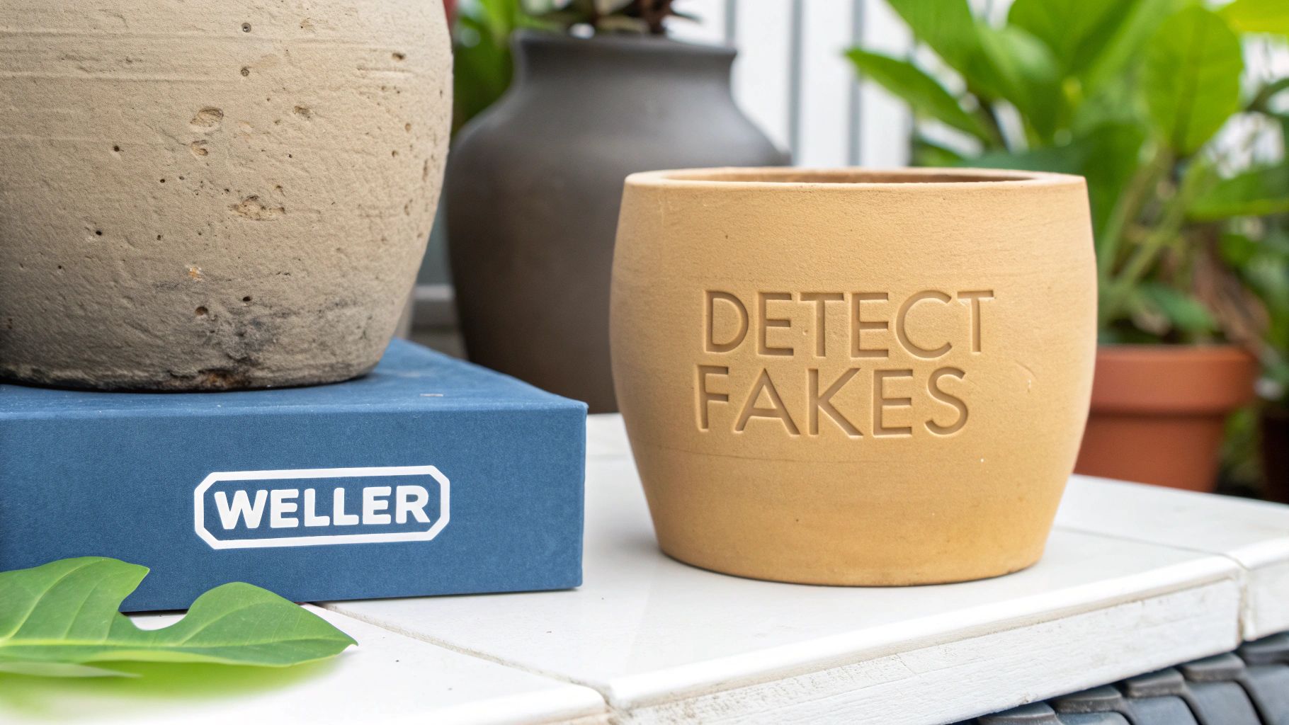 Close-up of a blue Weller box next to a terracotta pot with 'DETECT FAKES' embossed.