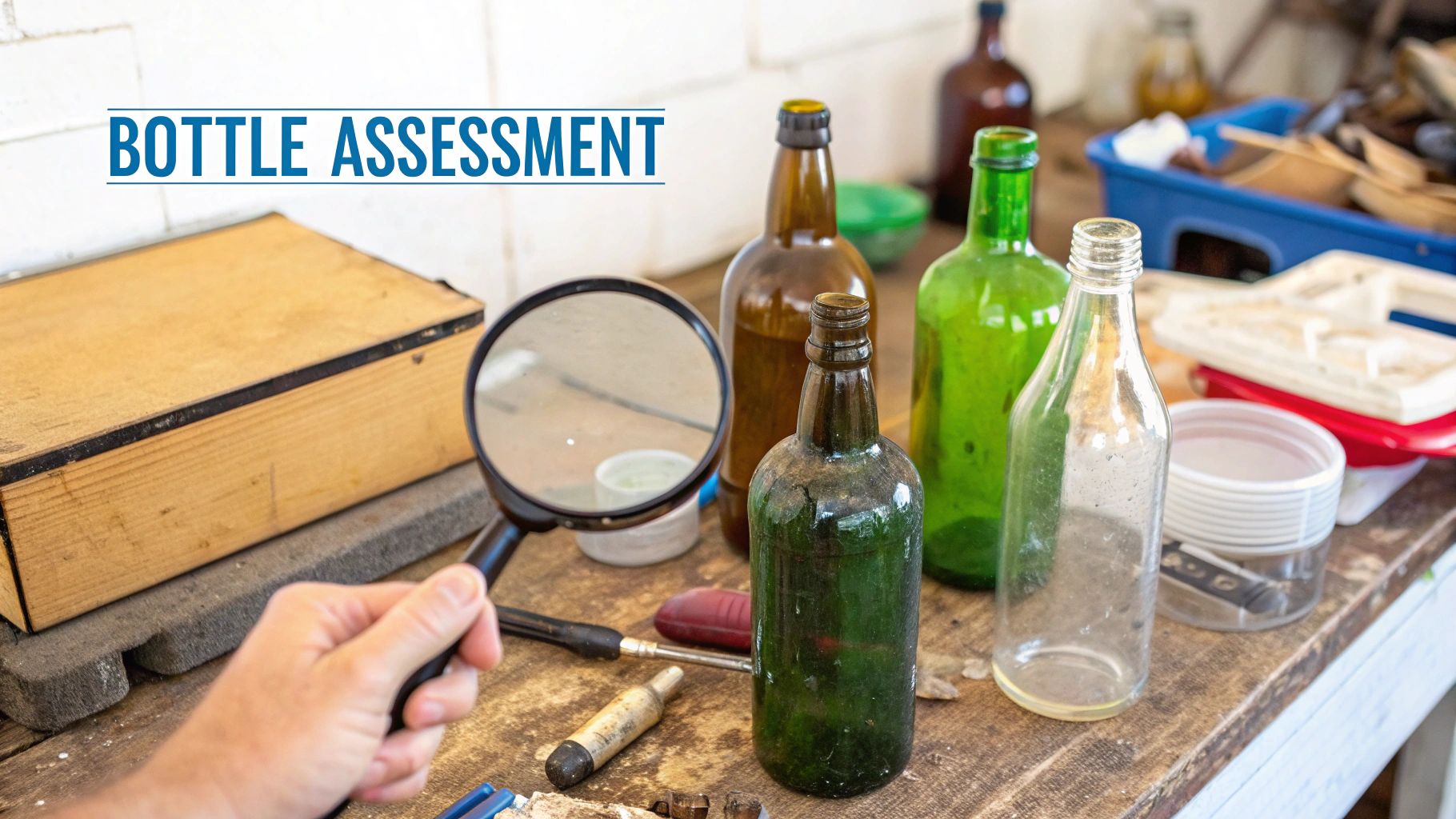 Several vintage bottles soaking in a sink with soapy water.