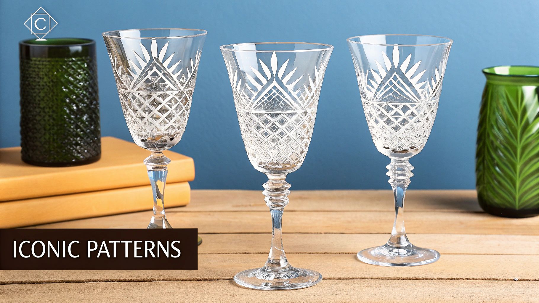 A display of various antique crystal pieces from different renowned makers.