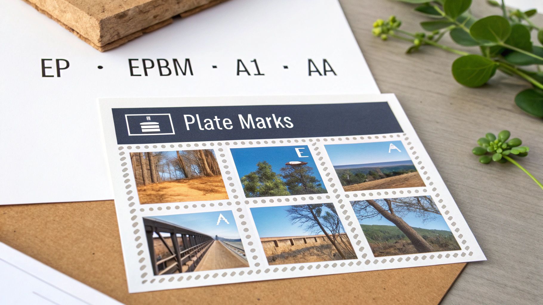 Philatelic-themed card with nature stamps, next to paper displaying 'EP EPBM A1 AA' and green foliage.