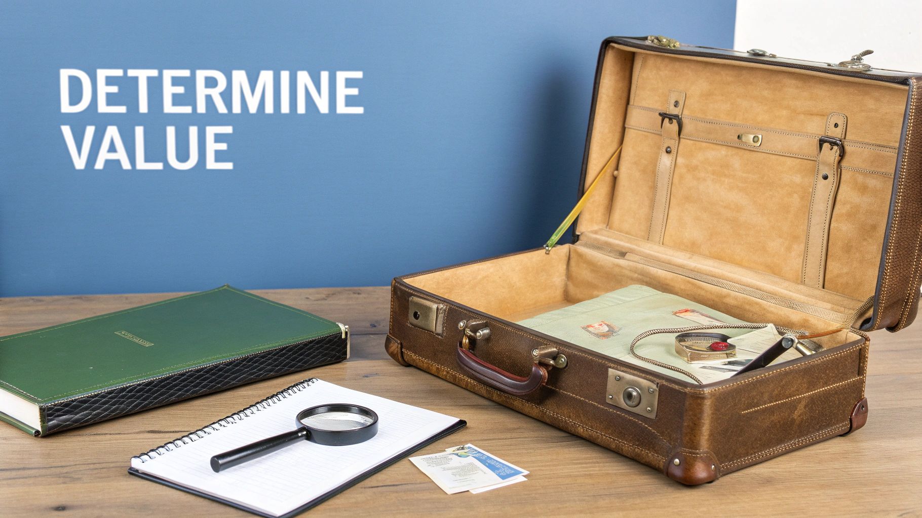 An open antique leather suitcase, a green book, magnifying glass, and notepad on a wooden desk.