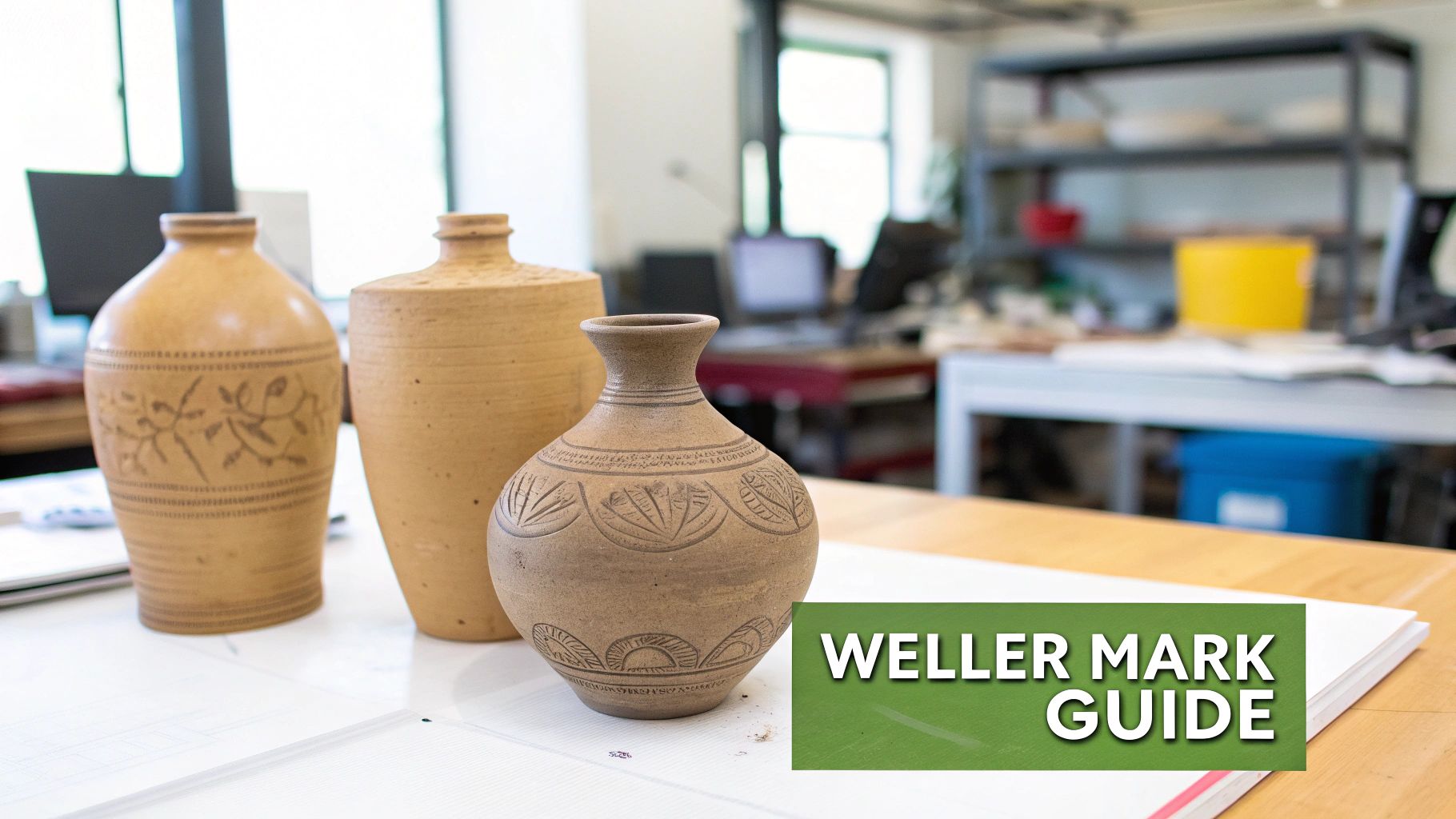 Three decorative ceramic vases are displayed on a table in an artist's studio, with a 'Weller Mark Guide' banner.