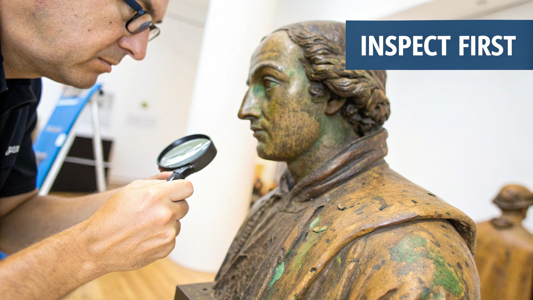 A person in glasses uses a magnifying glass to carefully inspect an antique bronze bust.