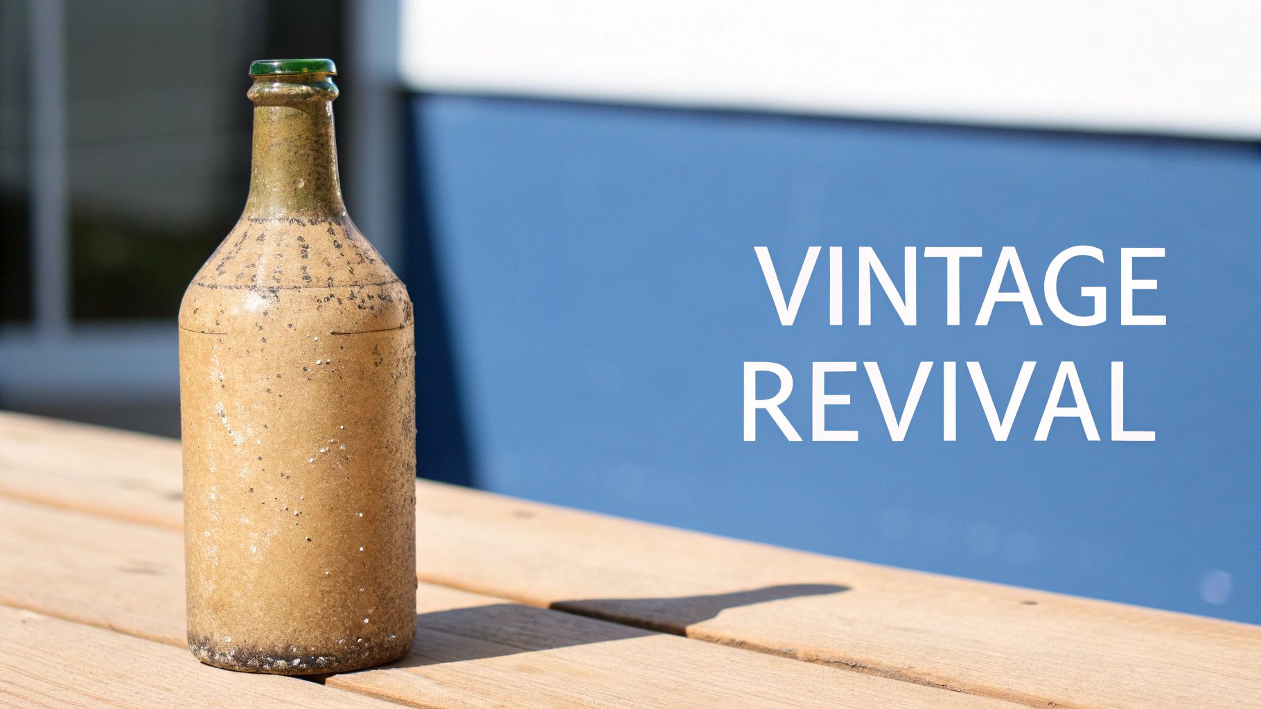 A collection of clean, vintage glass bottles arranged on a wooden surface, showing different shapes and colors.