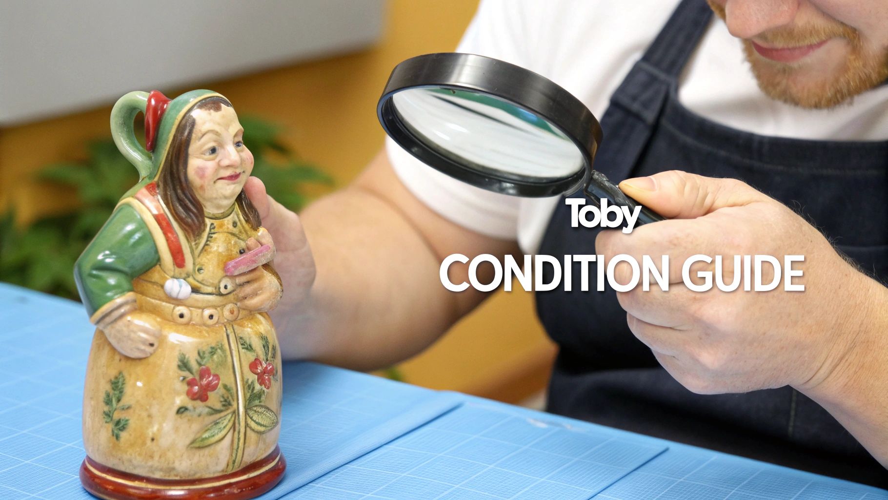 A person carefully inspecting a small, detailed Toby jug with a magnifying glass.