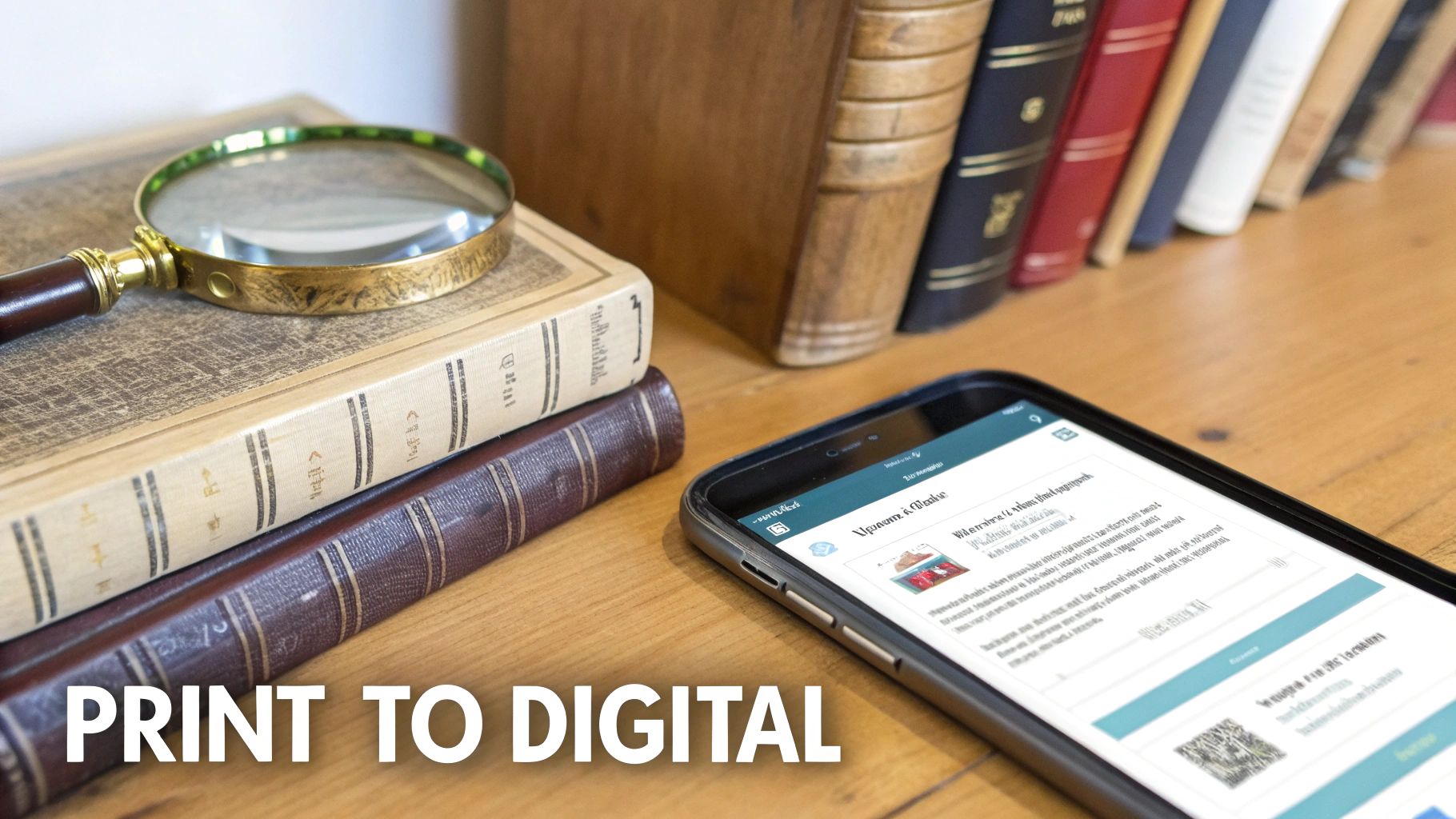 A modern smartphone displaying an antique identification app next to a stack of classic print antique pricing guides.