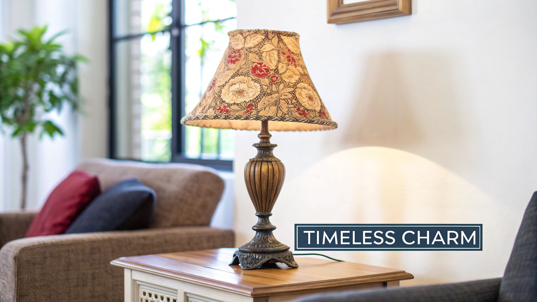 An ornate antique lamp with a fringed shade sitting on a wooden table.