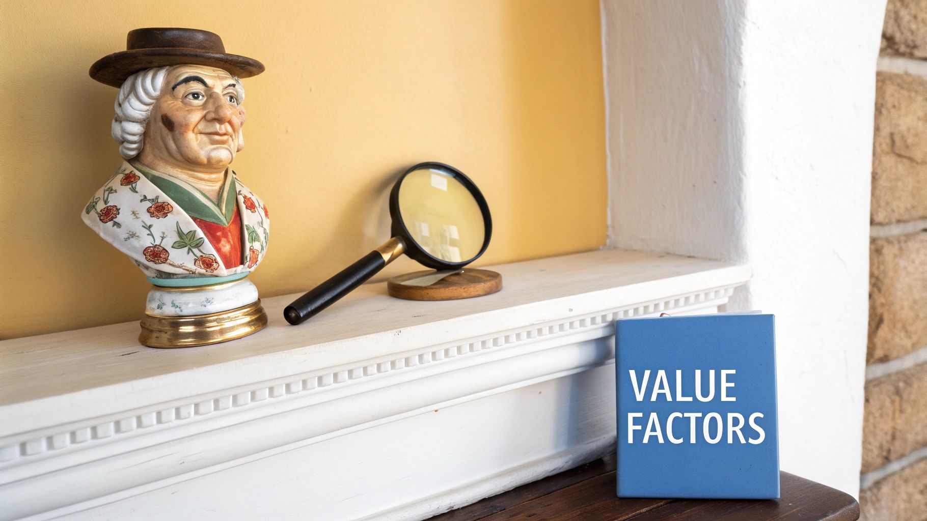 Vintage Toby jug figurine displayed on mantelpiece with magnifying glass and value factors book