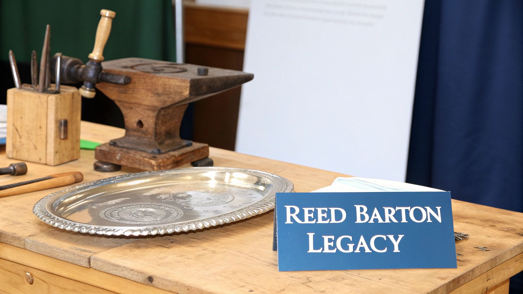A workbench displays silversmith tools, an anvil, a detailed silver tray, and a 'Reed Barton Legacy' sign.