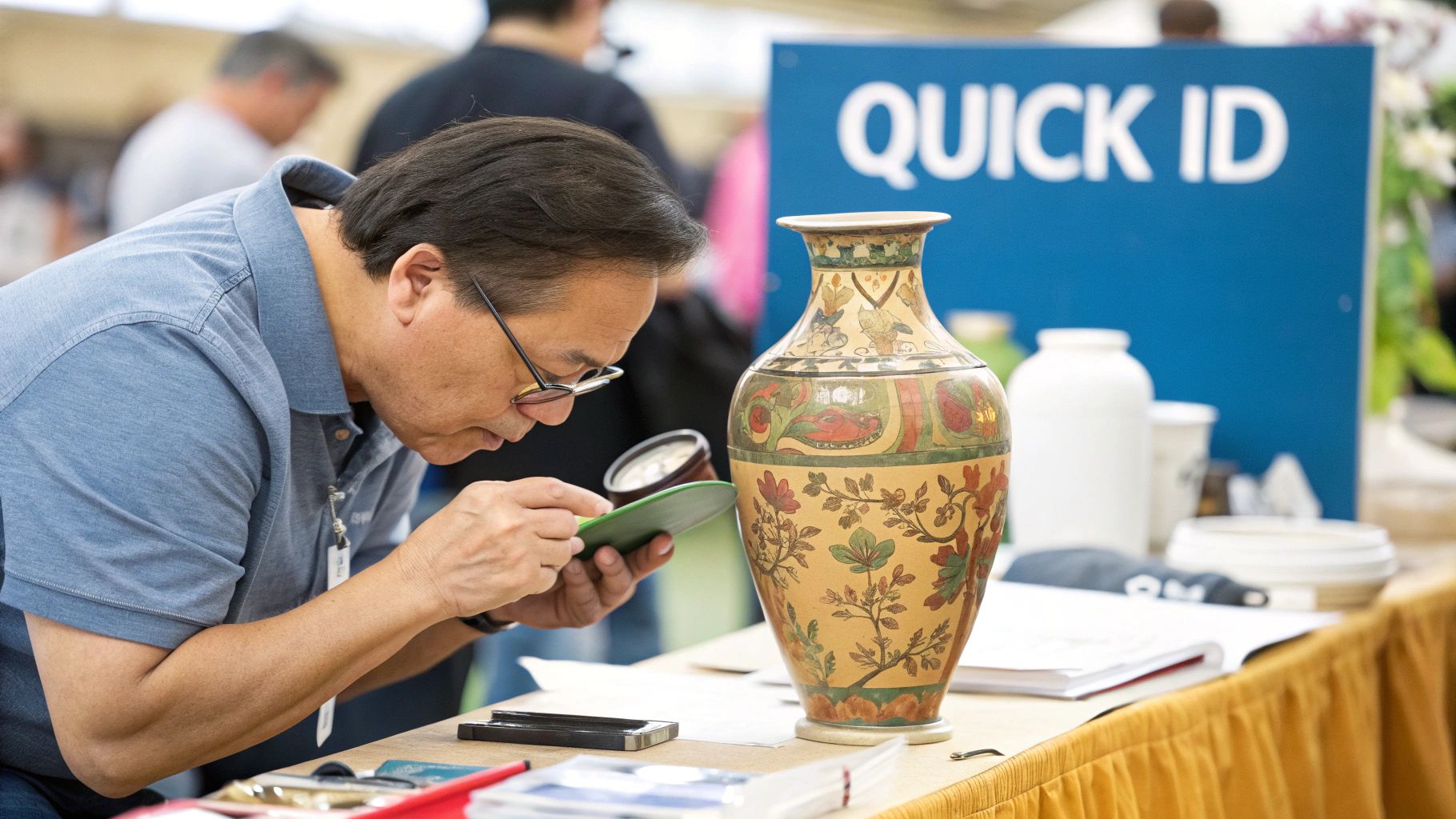 Man inspecting an item with a magnifying glass at a Quick ID event with a patterned vase.