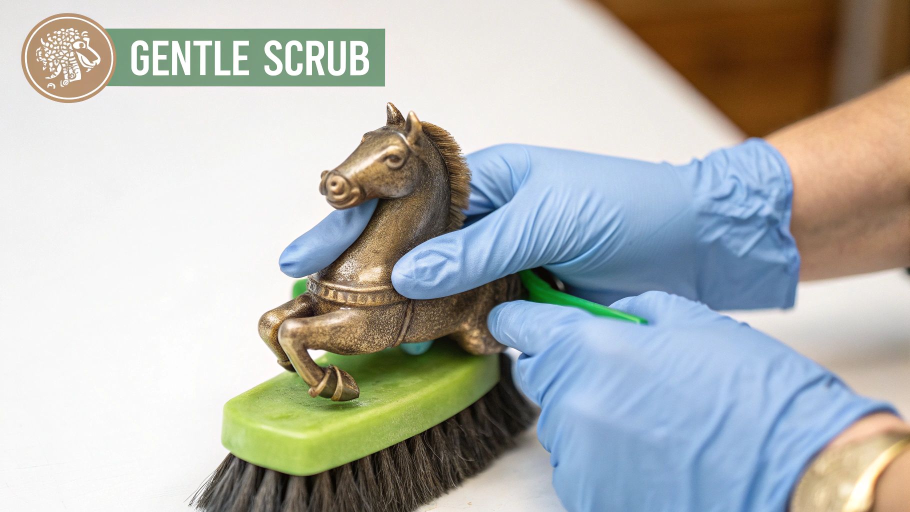 A professional conservator wearing gloves and using specialized tools to carefully treat a large, historic bronze statue.