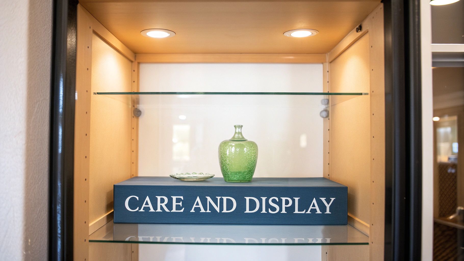 A beautiful curio cabinet displaying various pieces of glowing antique vaseline glassware.