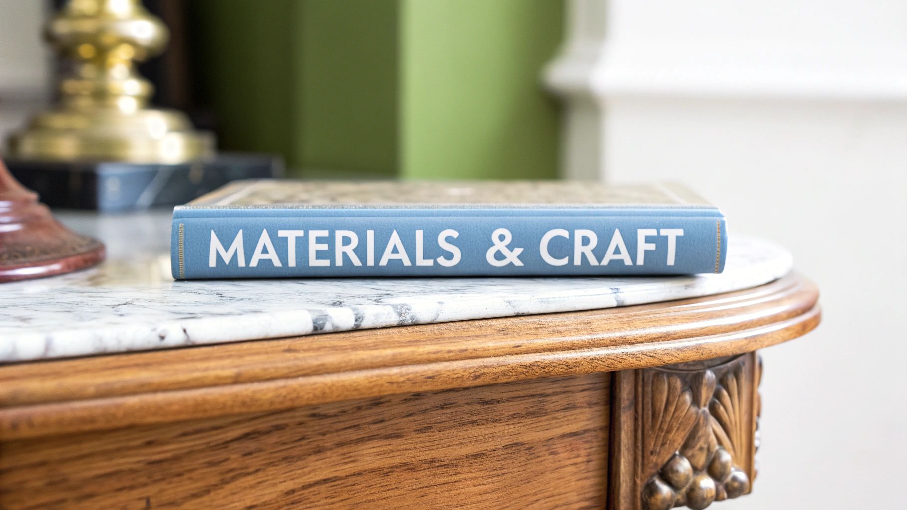 Blue materials and craft book resting on marble top wooden Victorian furniture table