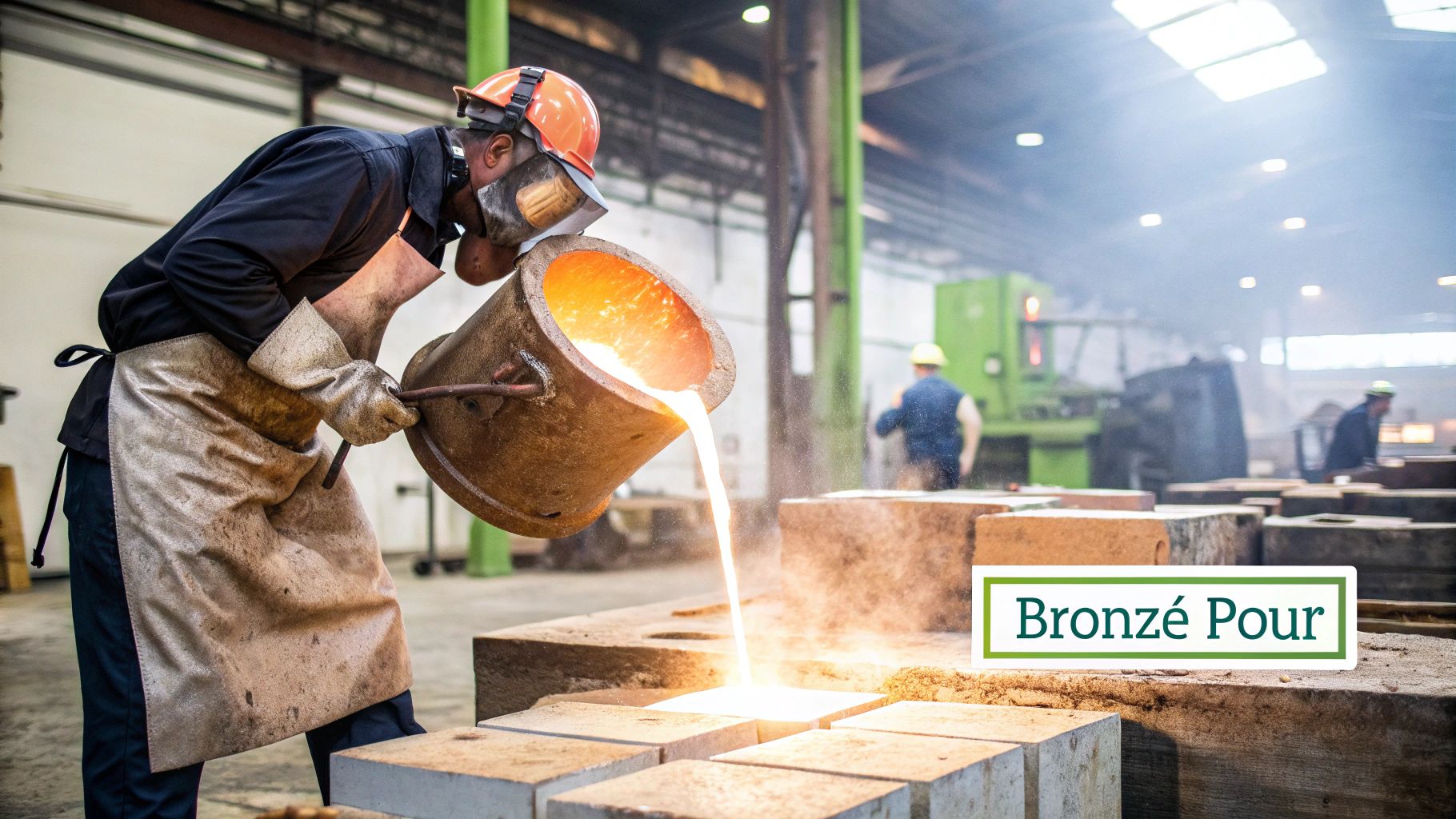 Foundry workers in protective gear pouring molten bronze into a ceramic shell mold.