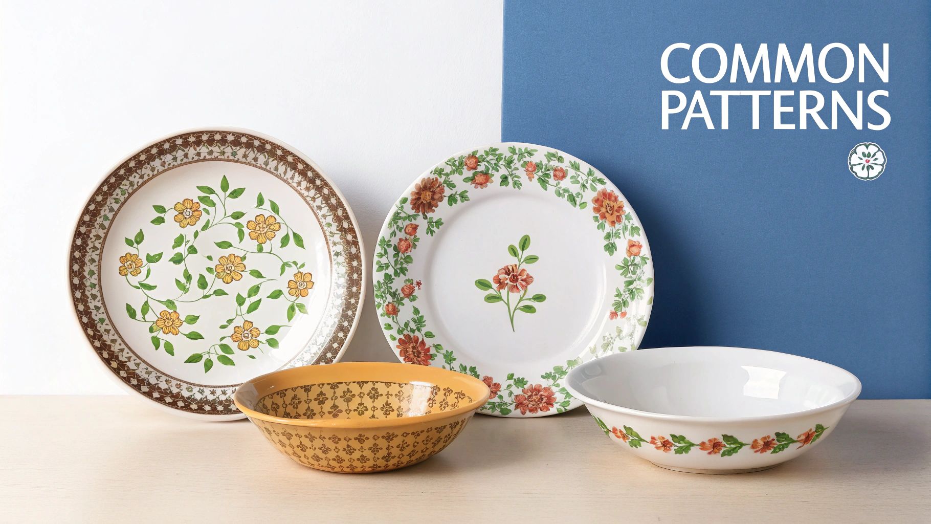 A collection of vintage-style dinnerware, including plates and bowls, featuring colorful floral and geometric patterns.