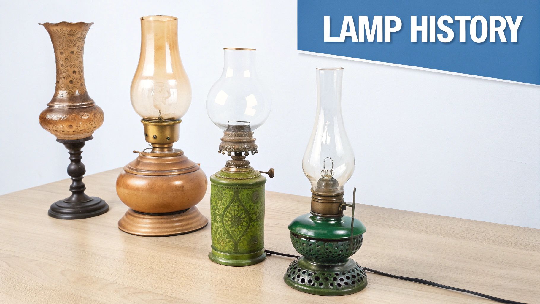 Four antique oil lamps of various designs and materials arranged on a wooden table.