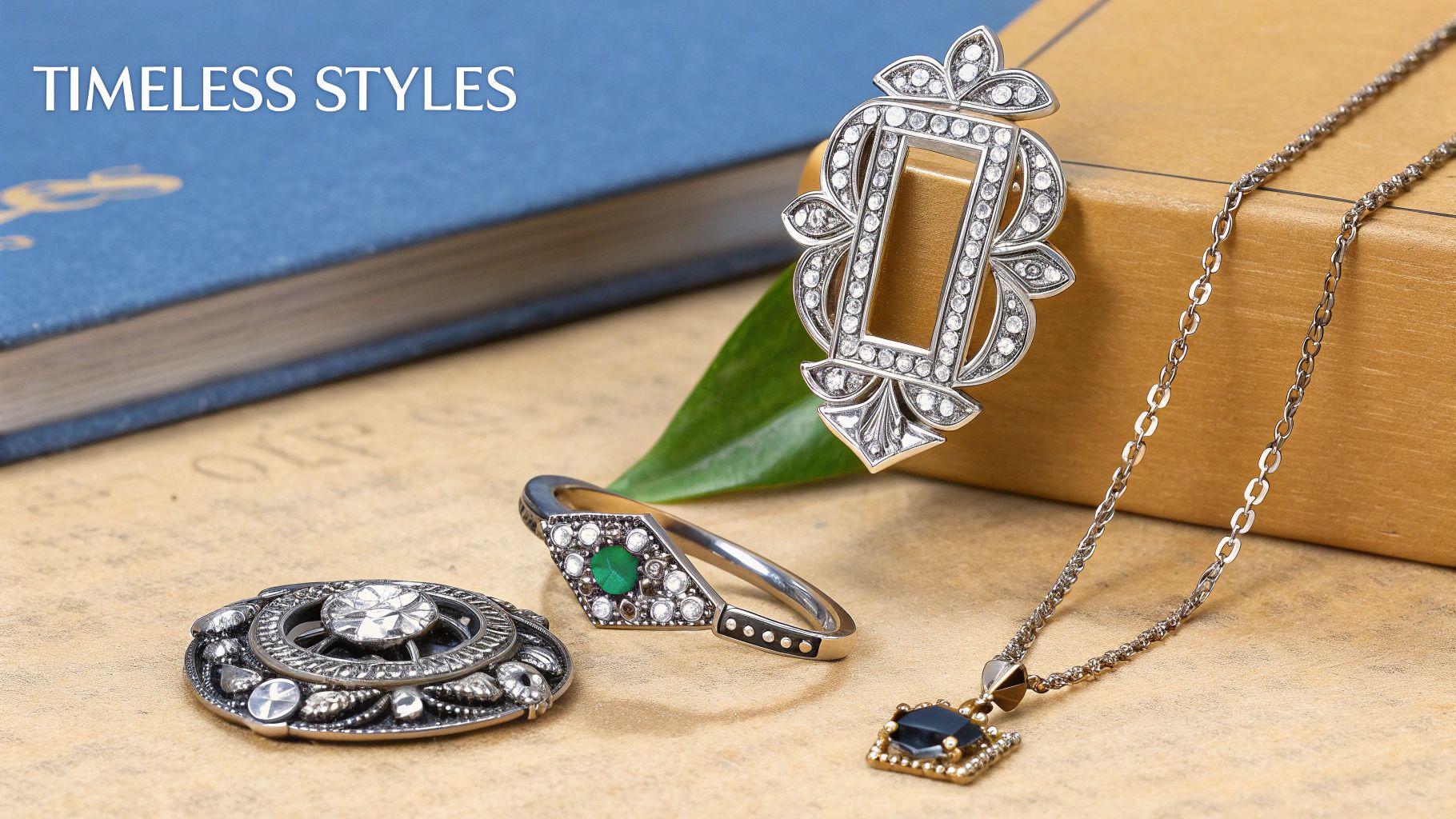 A collection of authentic antique jewelry including a delicate Art Nouveau necklace and a bold Art Deco ring, displayed on a historical map background.