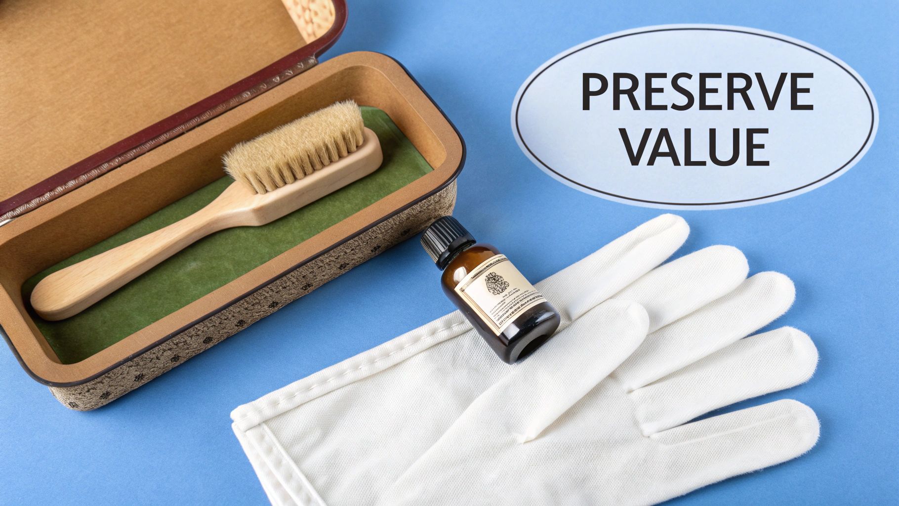 A wooden brush in a box, a small brown bottle, white gloves, and a 'PRESERVE VALUE' sign on blue.