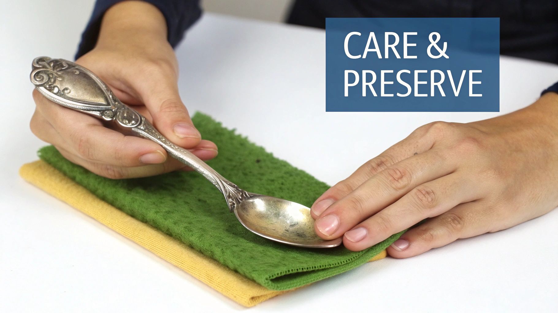 Hands hold a tarnished antique silver spoon over green and yellow cloths, illustrating care and preservation.