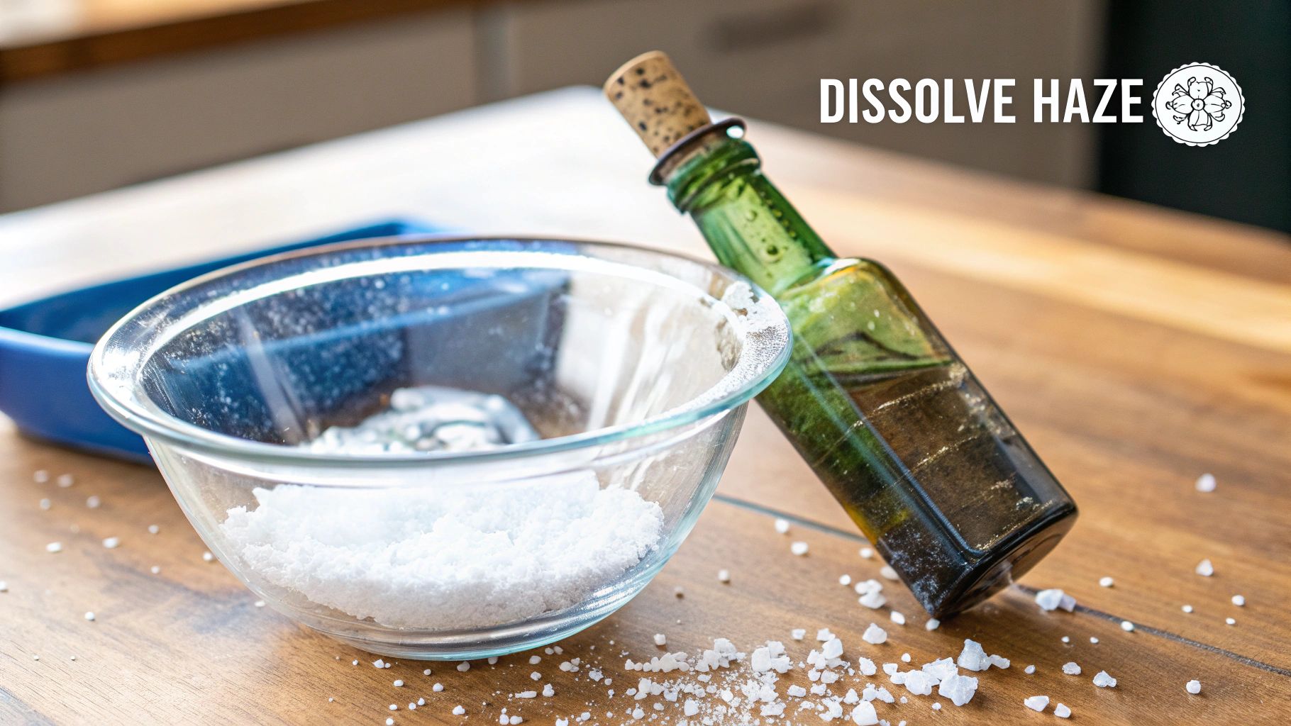 A cloudy vintage bottle being filled with a vinegar solution.
