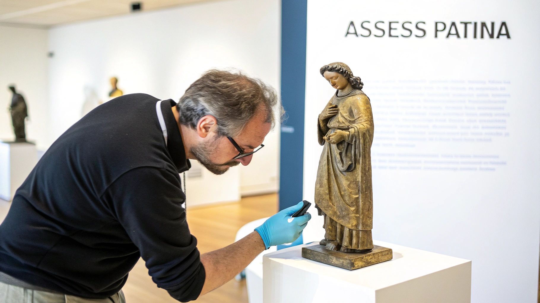 A conservator in blue gloves carefully examines a bronze statue in a museum setting, assessing its patina.