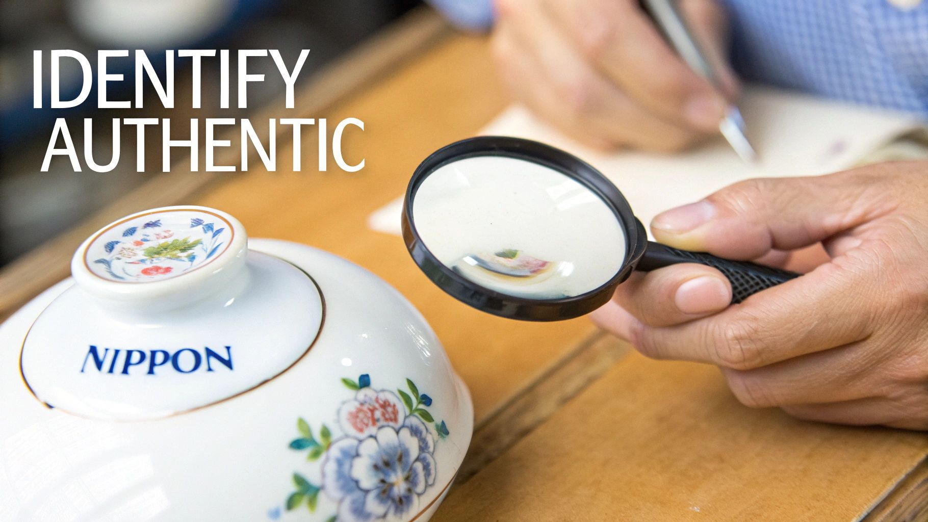 Person examines a Nippon ceramic lid with a magnifying glass to identify its authenticity and floral design.
