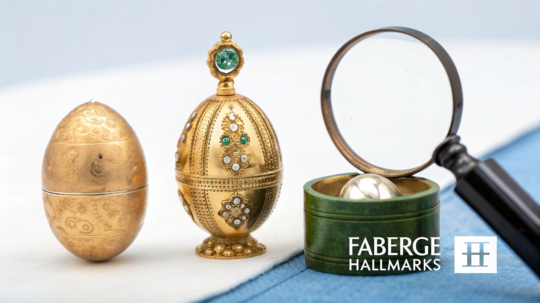 A close-up of intricate Fabergé gold hallmarks stamped on a vintage piece
