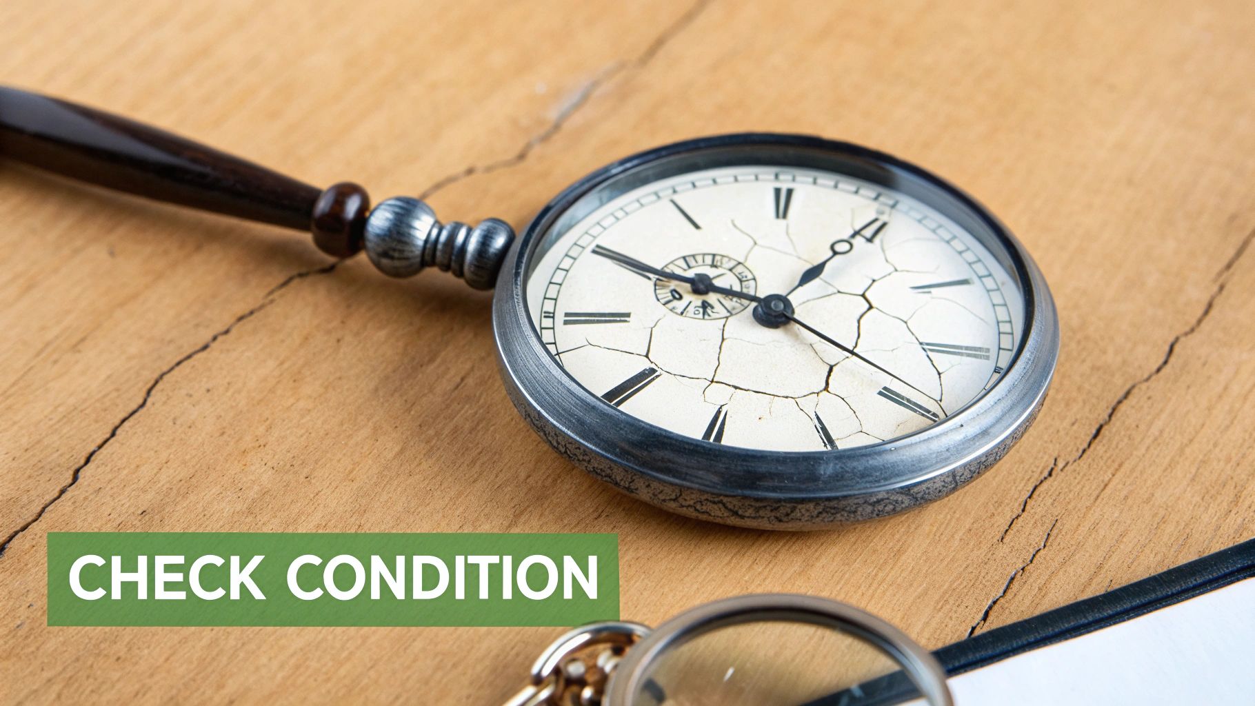 Close-up of a vintage pocket watch with a cracked face lying on a wooden surface, with 'CHECK CONDITION' text.