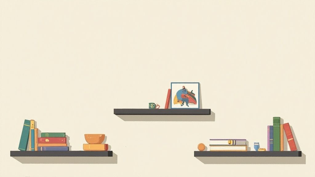 A collection of Funko Pop figures arranged on white floating shelves against a gray wall.