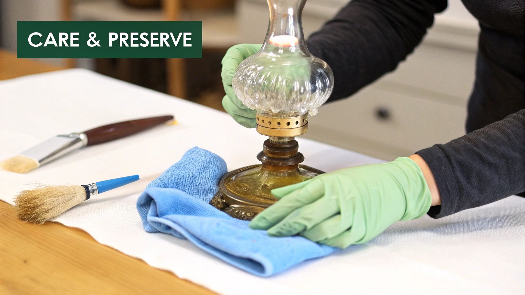 Hands in green gloves meticulously clean an ornate antique oil lamp, surrounded by cleaning tools.