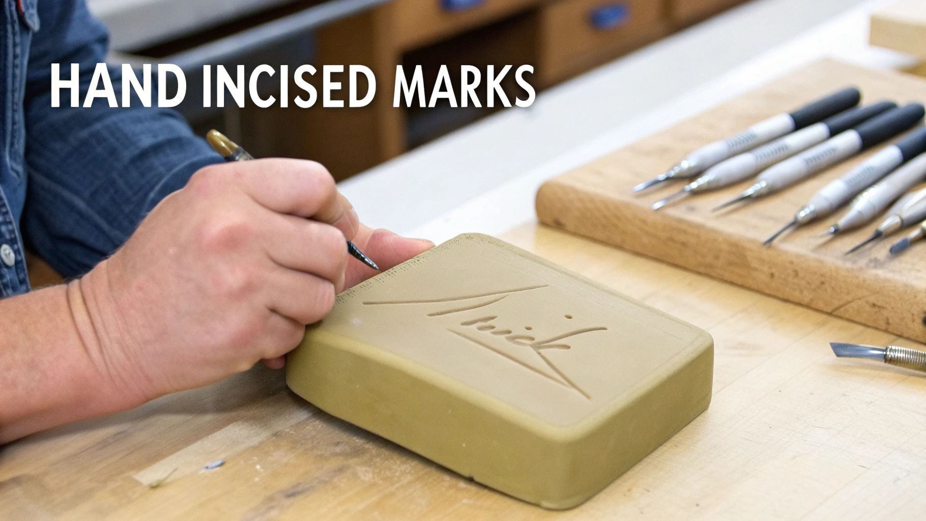 Close-up of hands incising detailed marks into a ceramic piece, surrounded by carving tools.