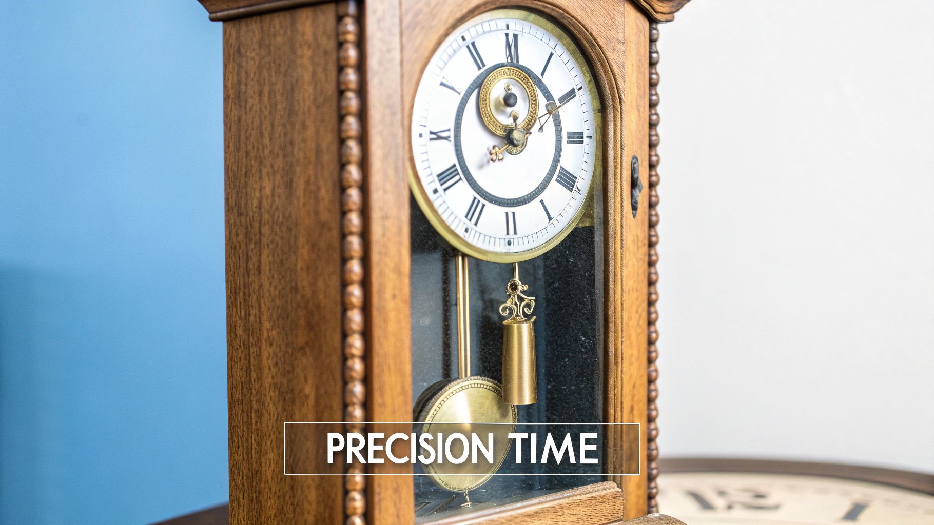 An elegant antique regulator clock with a long pendulum hanging in a wooden case.