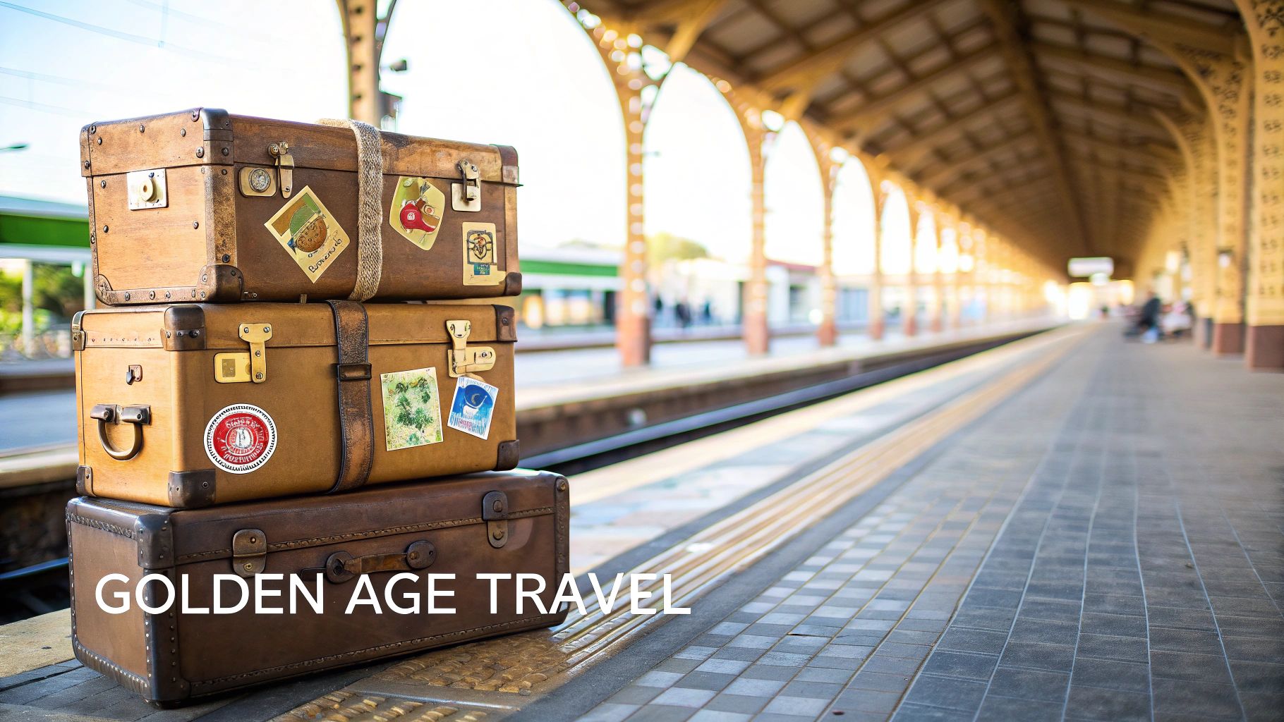 Three stacked vintage brown leather suitcases with travel stickers on a blurred train station platform.
