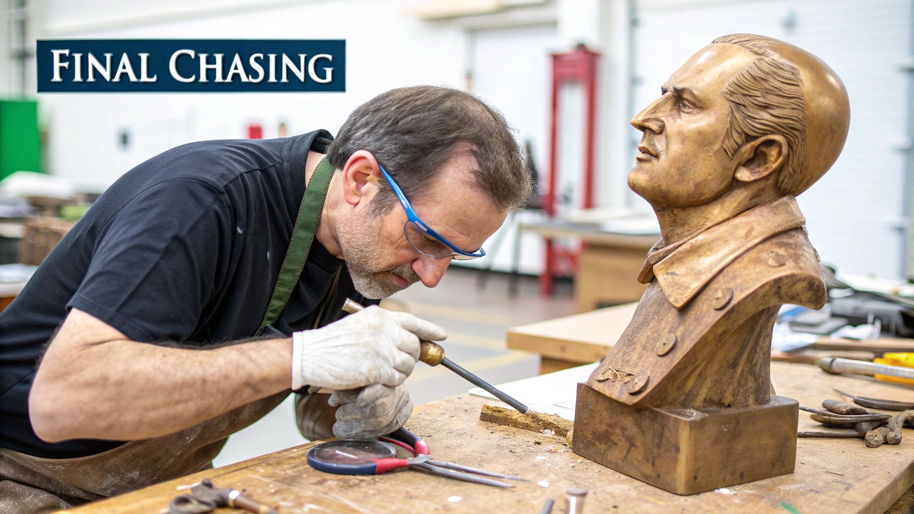 A skilled artisan carefully finishing a bronze statue, highlighting the detailed work of chasing and patination.
