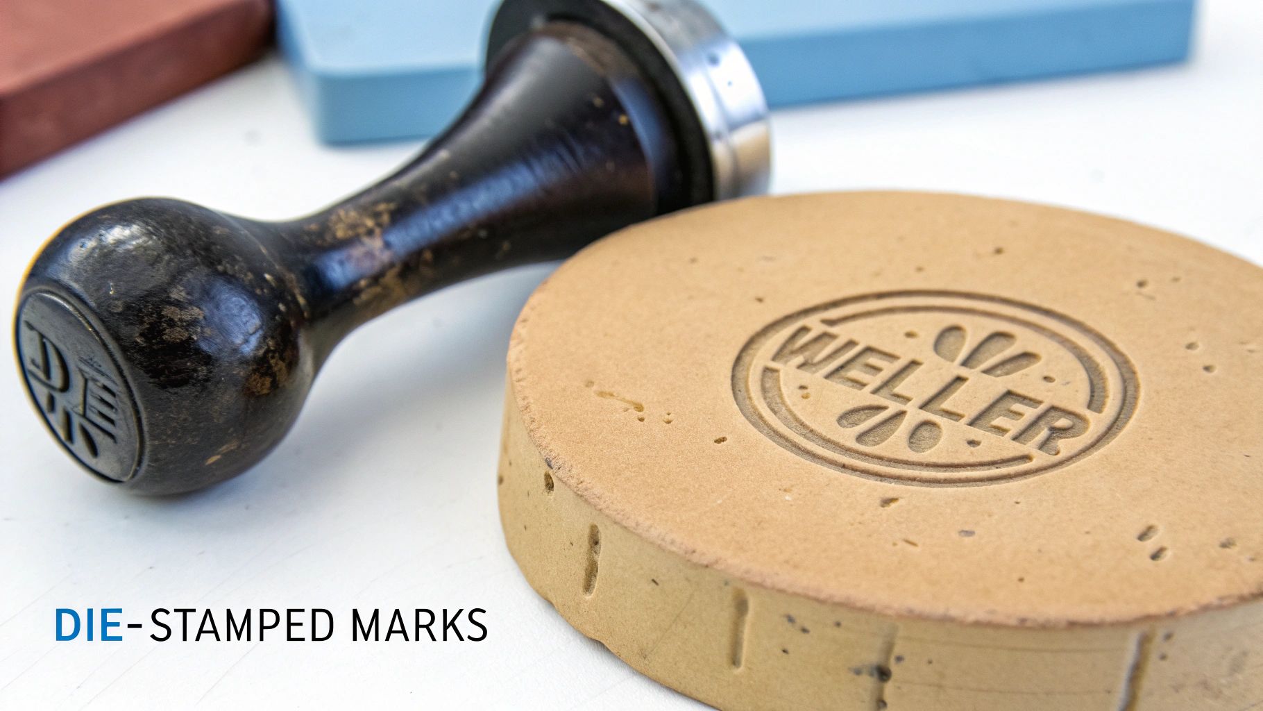 Close-up of a vintage metal die stamp next to a round piece of Weller pottery with an embossed logo.
