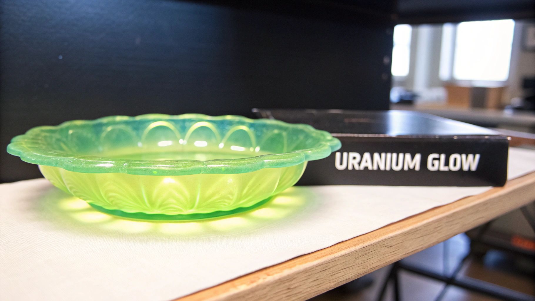 A collection of antique vaseline glassware glowing bright green under a black light