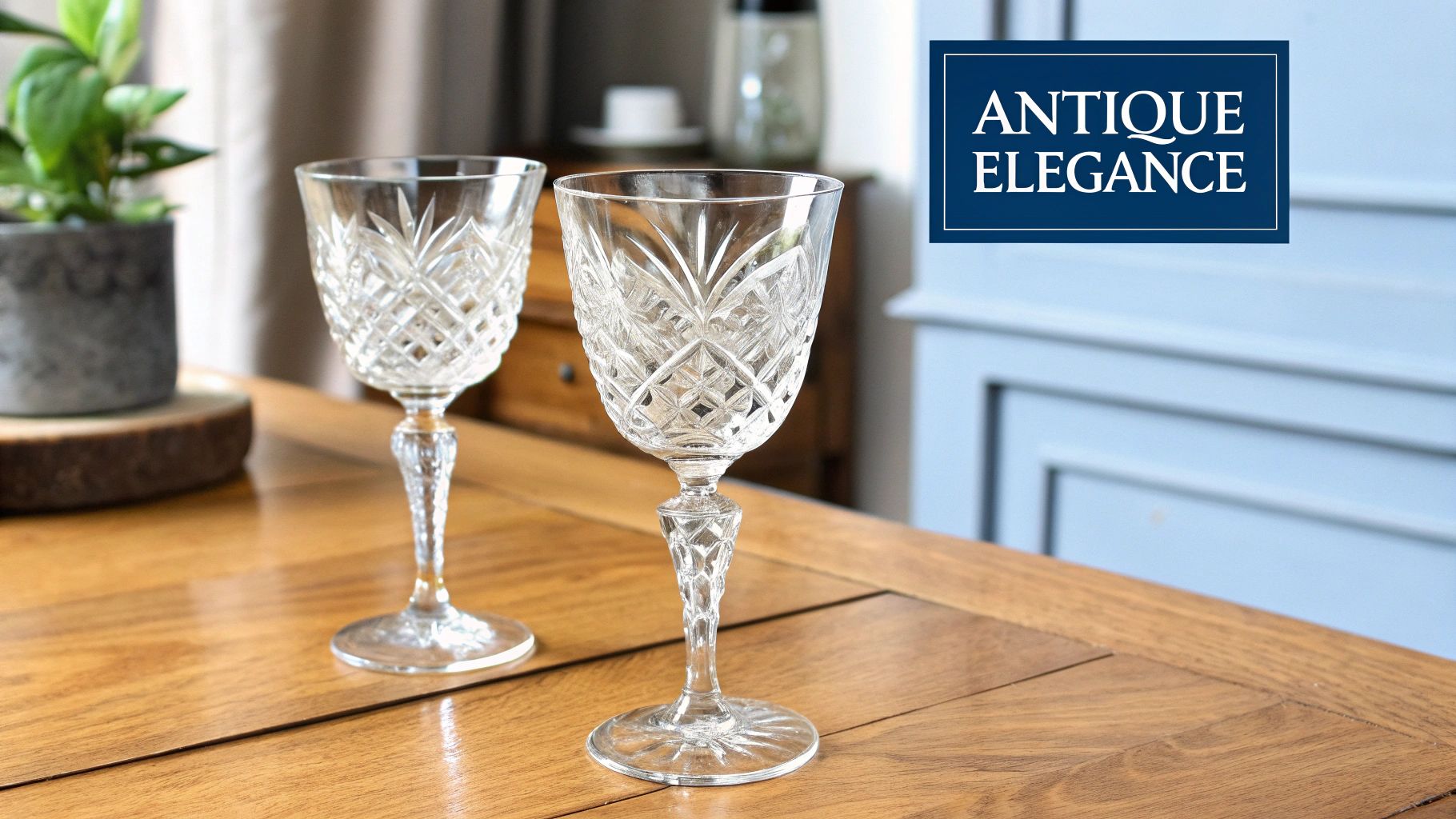 A collection of ornate antique crystal glasses sparkling under light.