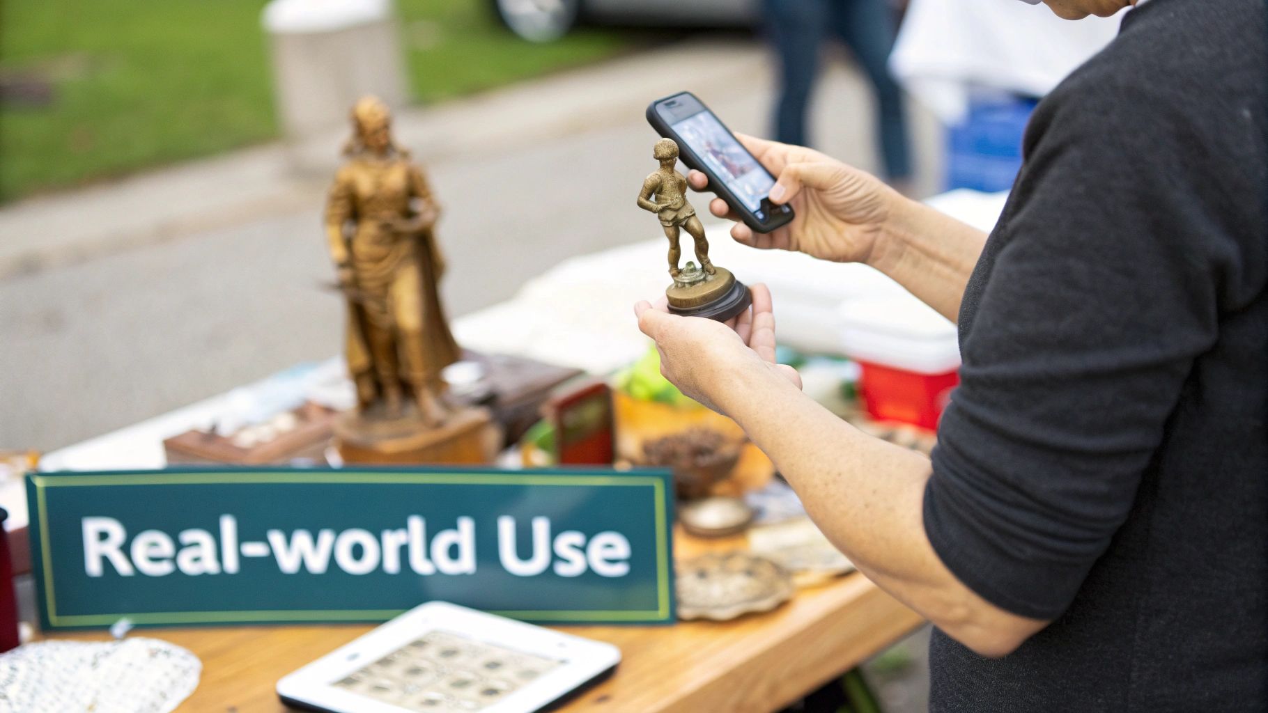 A person uses a smartphone to research the value of a small antique statue at a market.
