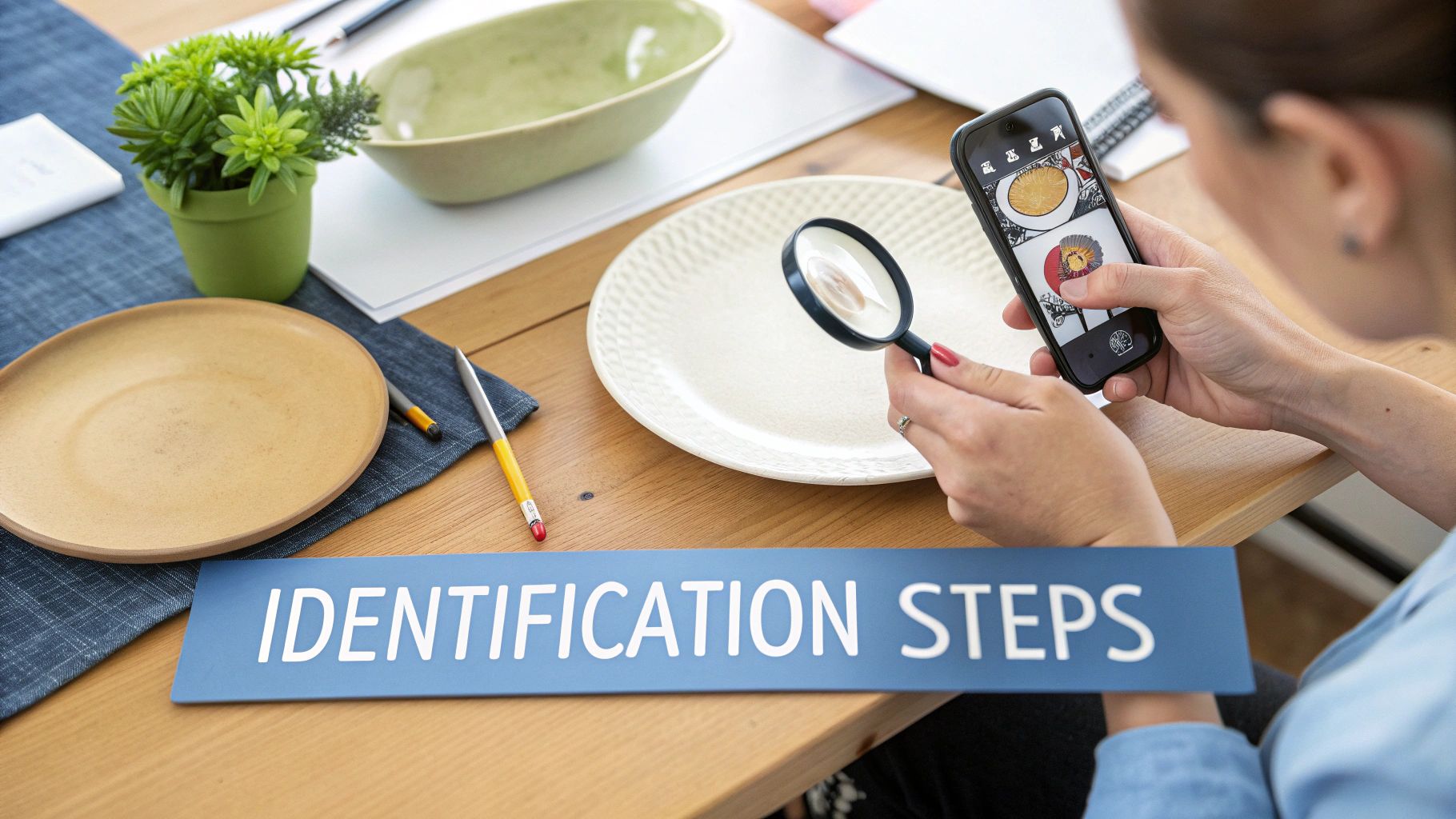 A magnifying glass held over a pottery mark on the base of a ceramic piece, showing careful examination.