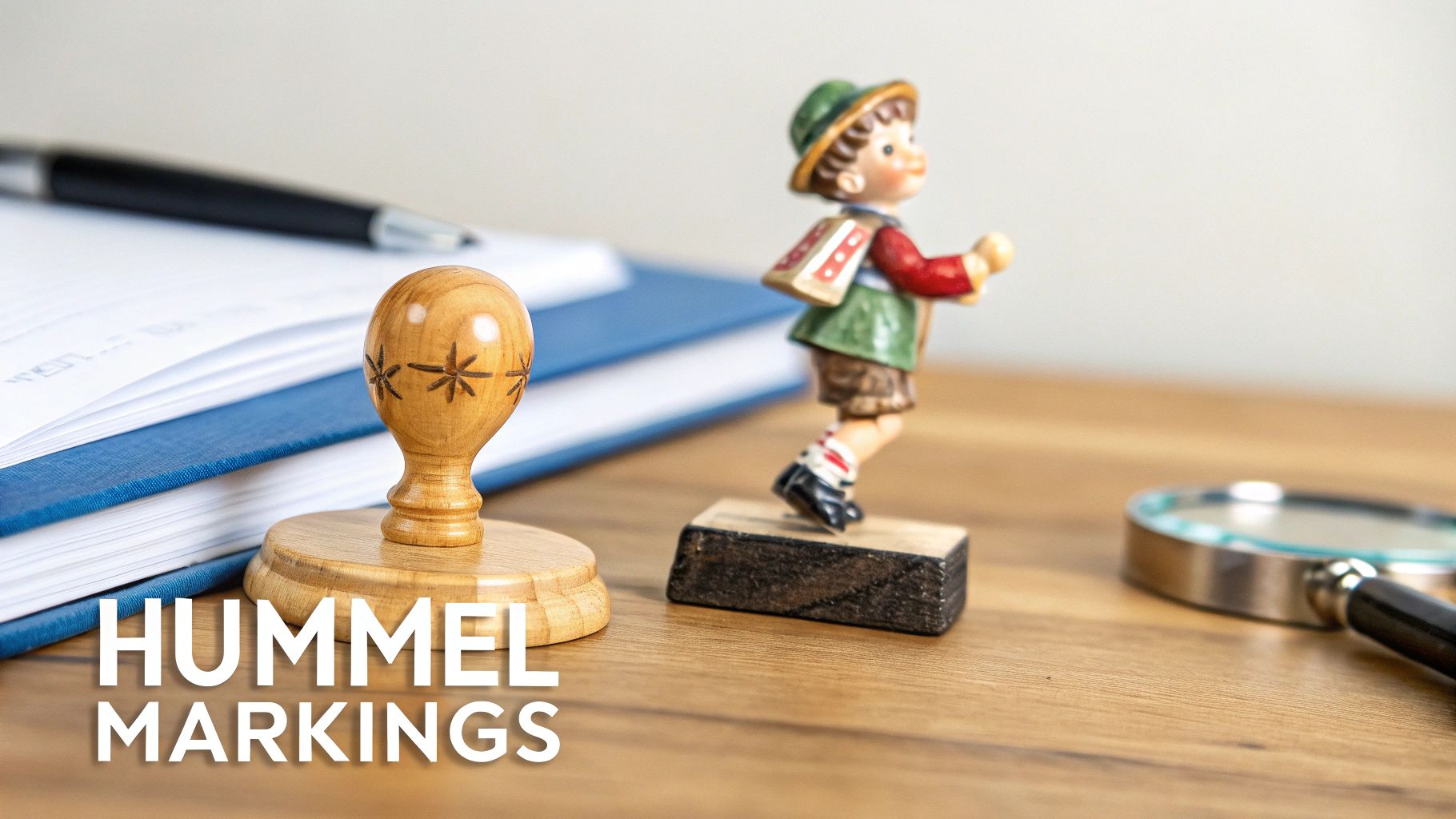 A Hummel figurine, wooden stamp, magnifying glass, pen, and books on a desk, with 'Hummel Markings' text.