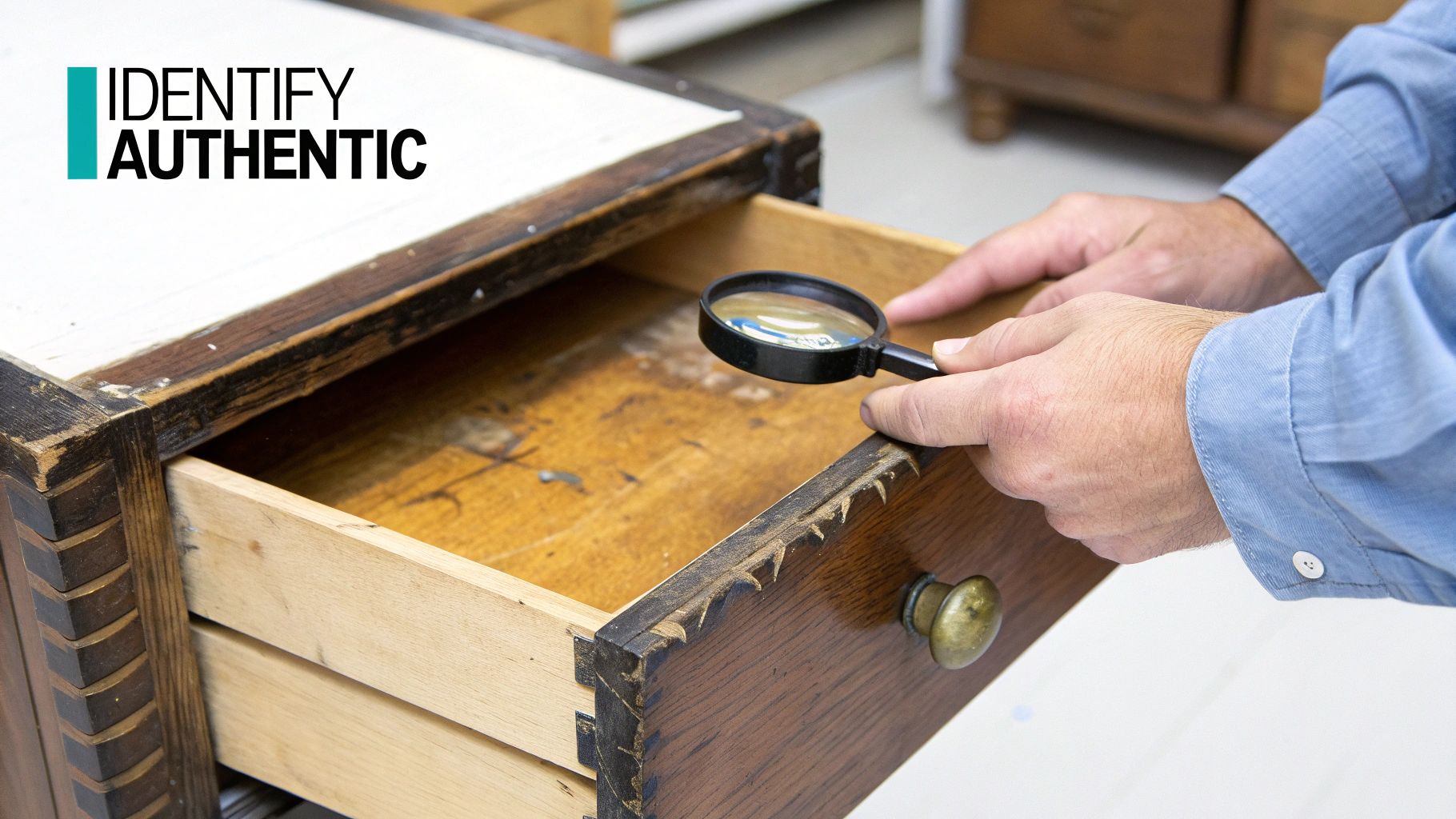 Expert examining antique wooden furniture drawer with magnifying glass to verify authenticity