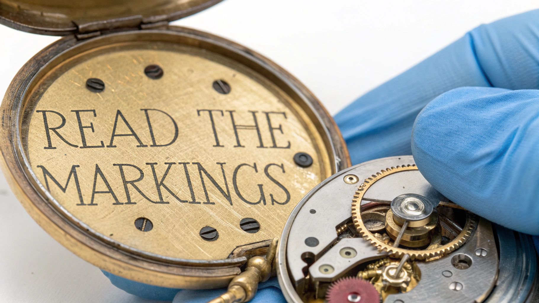A close-up view of the intricate inner workings of an antique pocket watch.