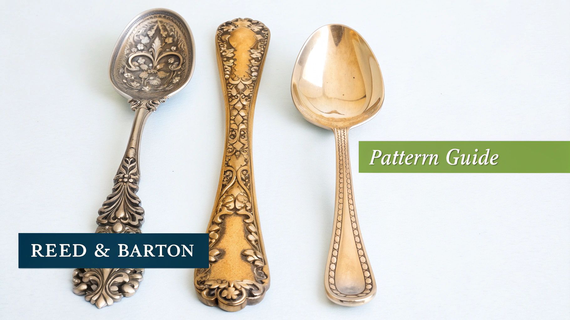 Three ornate antique silver and gold spoons with intricate patterns and text overlays on a light background.