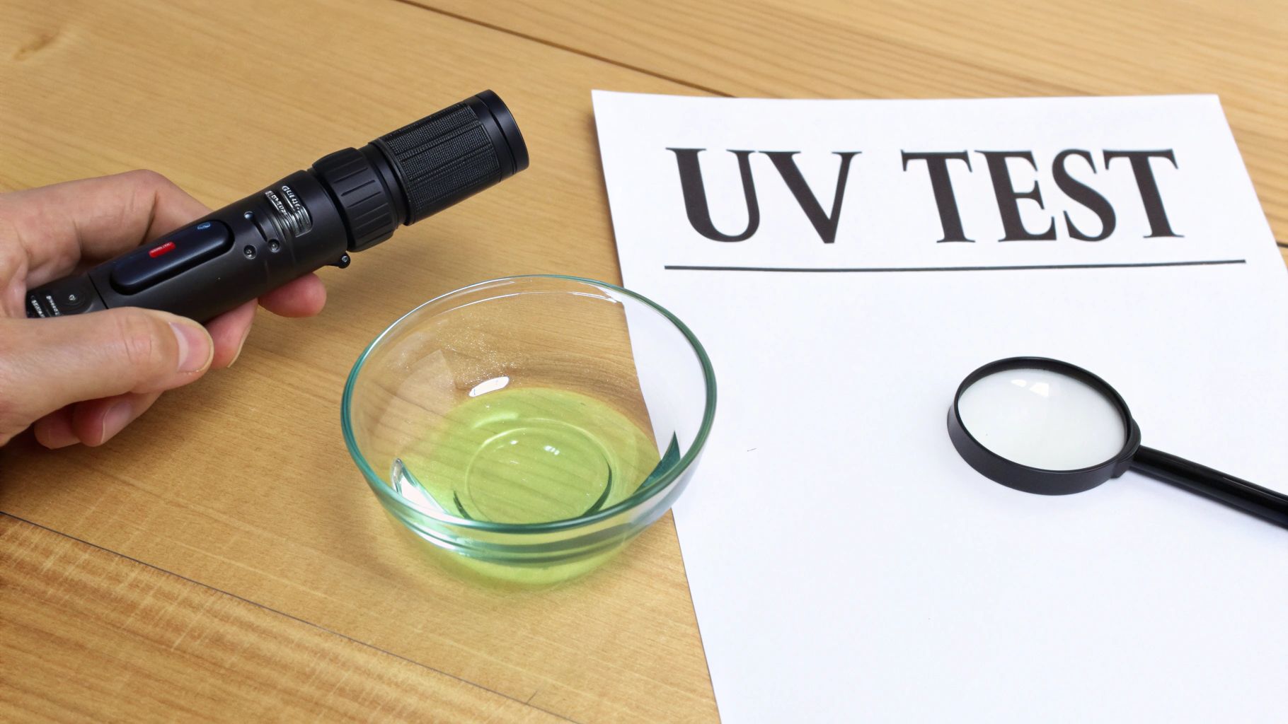 A piece of vaseline glass being held under a UV light, showing its vibrant green glow.