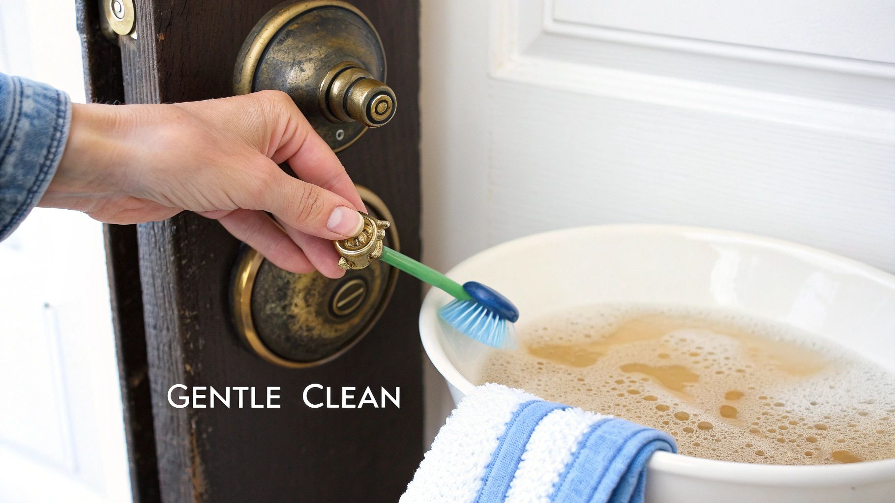 A close-up of a person gently wiping an antique brass candlestick with a soft, soapy cloth.